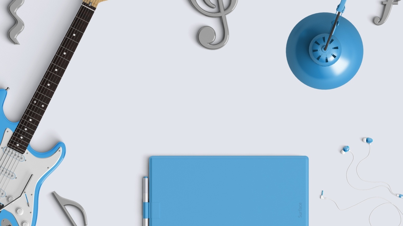 Гитара, планшет и ноты на сером фоне