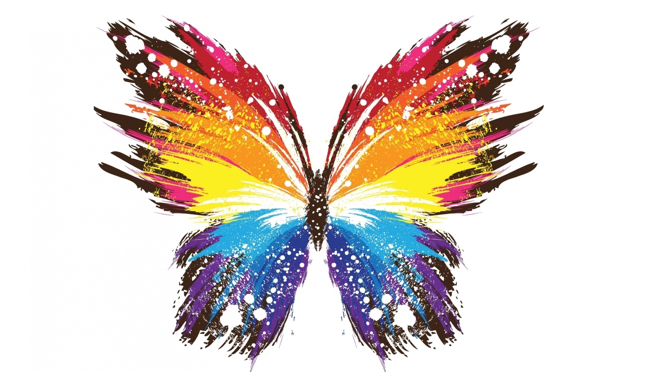 Разноцветная нарисованная бабочка на белом фоне