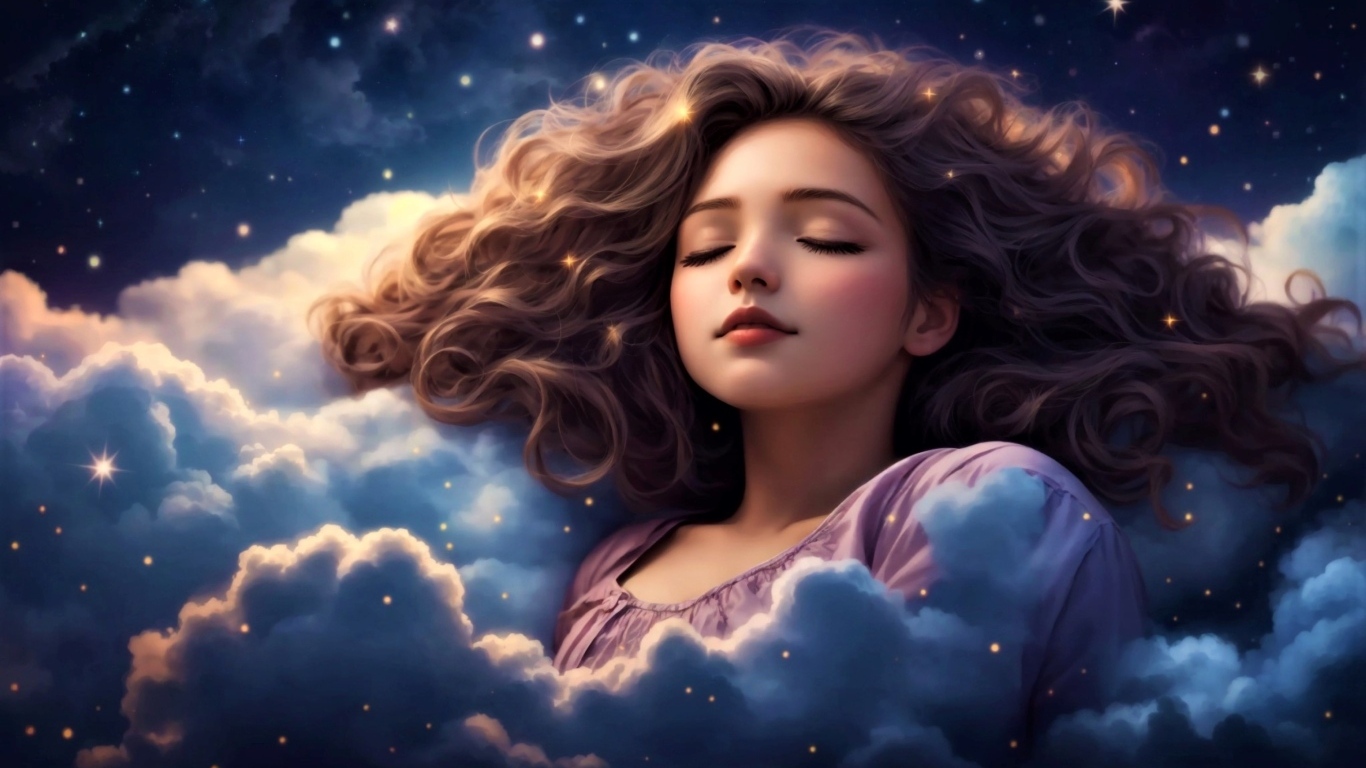 Нарисованная девушка спит в белых облаках