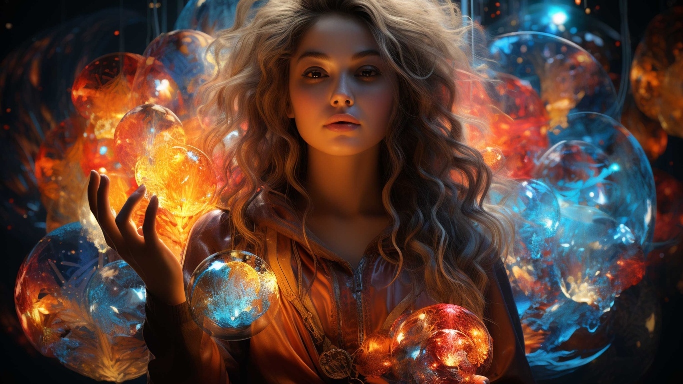 Красивая девушка с фантастическими светящимися шарами
