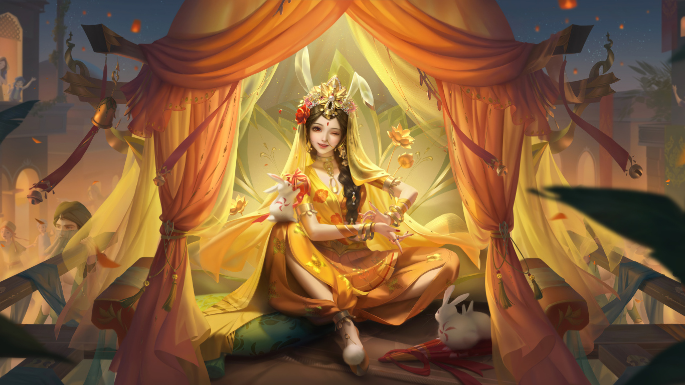 Фантастическая девушка азиатка сидит в шатре