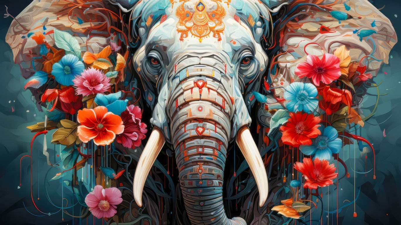 Фантастический слон украшен цветами