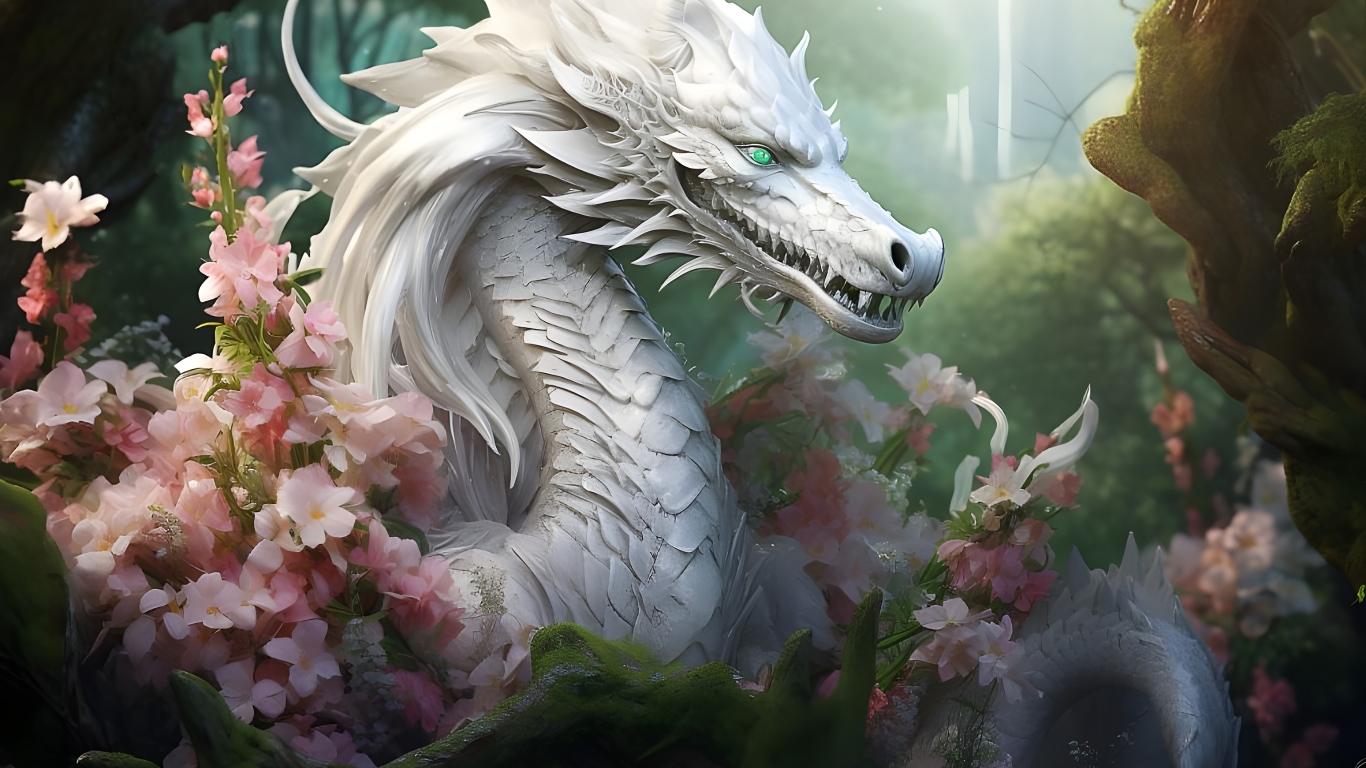 Фантастический белый дракон в розовых цветах