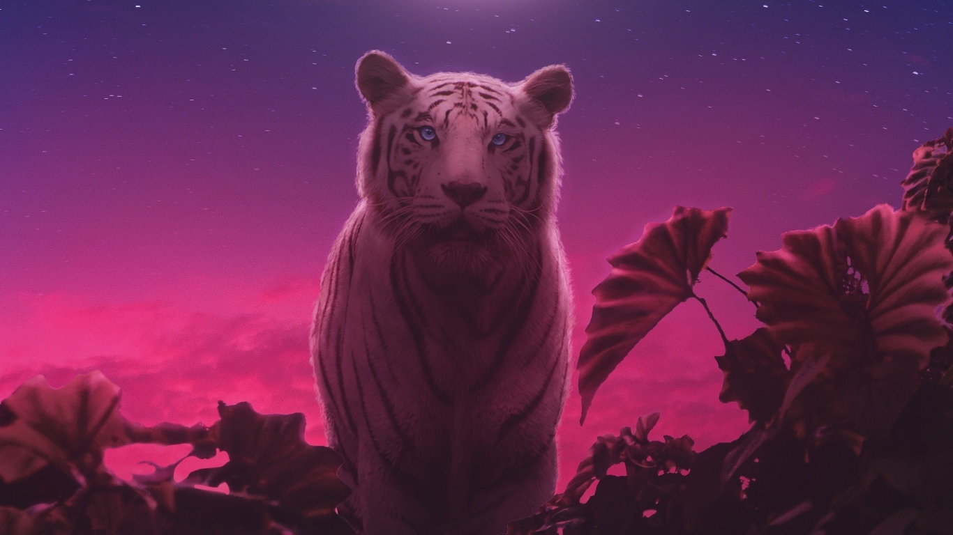 Фантастический тигр с зелеными листьями ночью