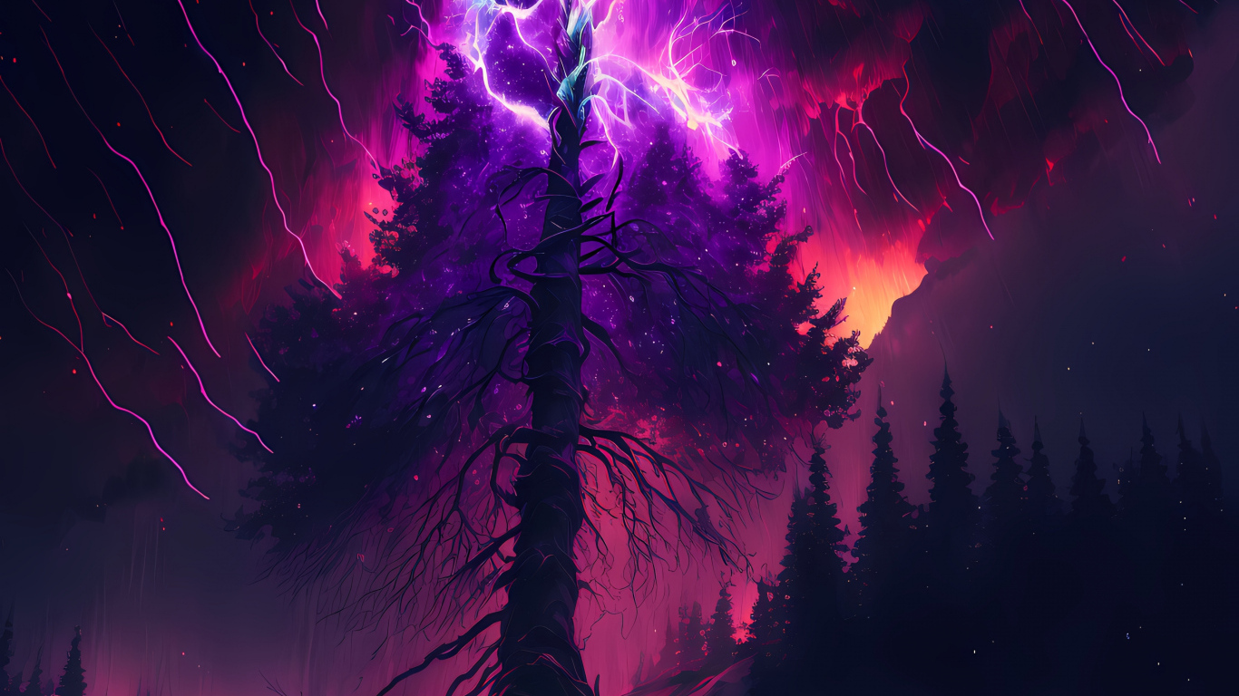 Молния разрывается над старым деревом