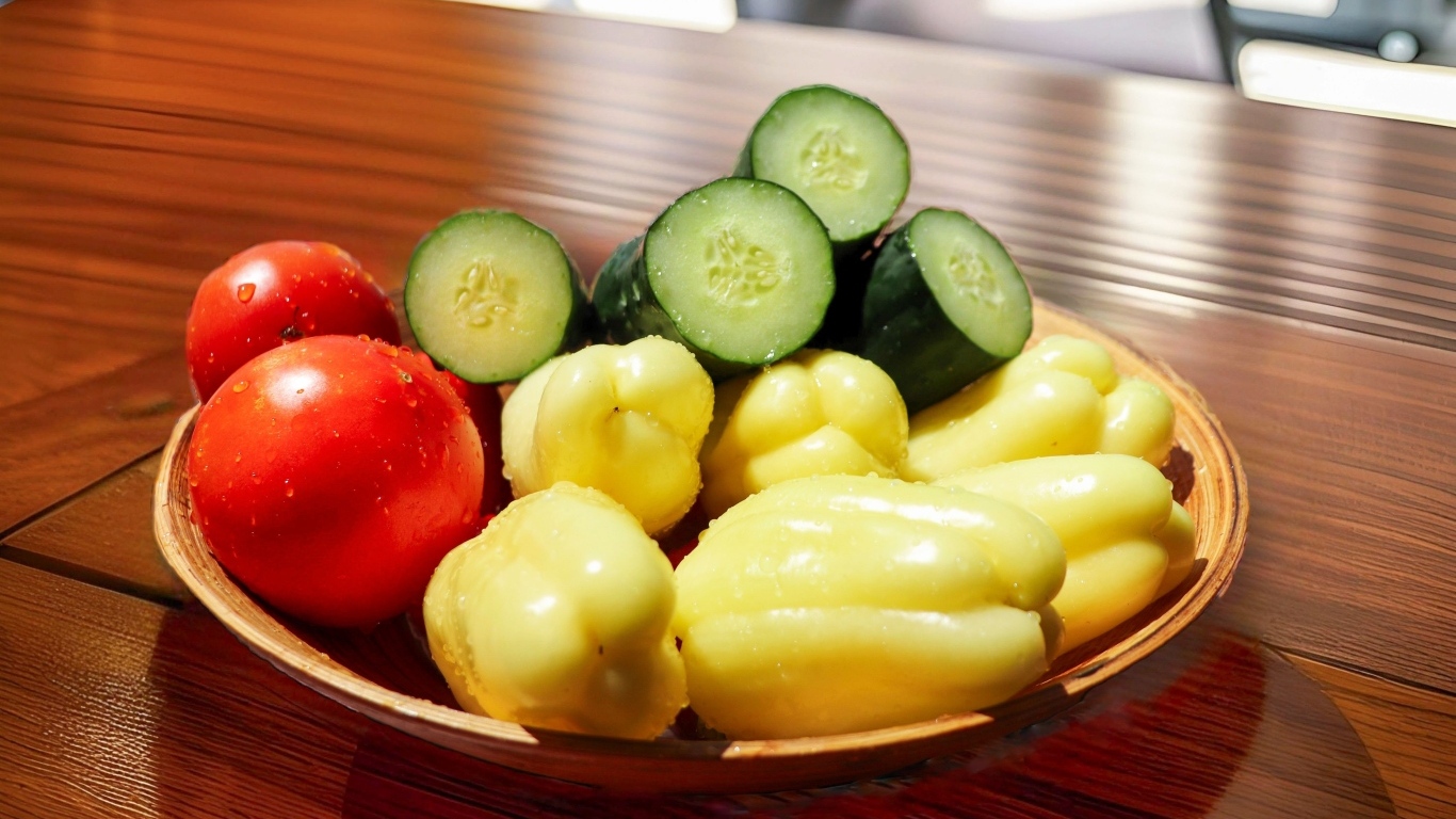 Перец, помидоры и зеленые огурцы на тарелке на столе