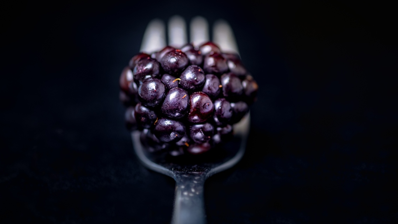 Ягода ежевики на вилке на черном фоне