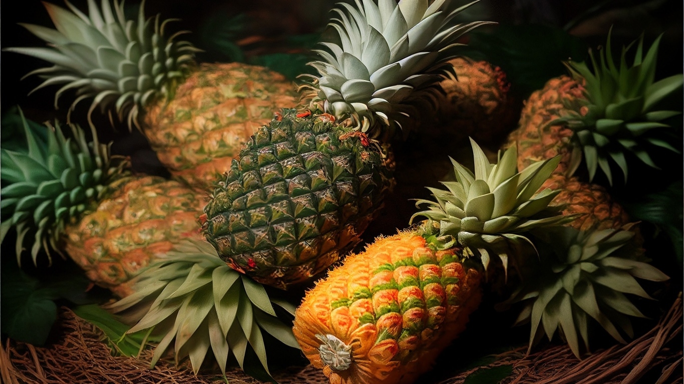 Много спелых ананасов крупным планом