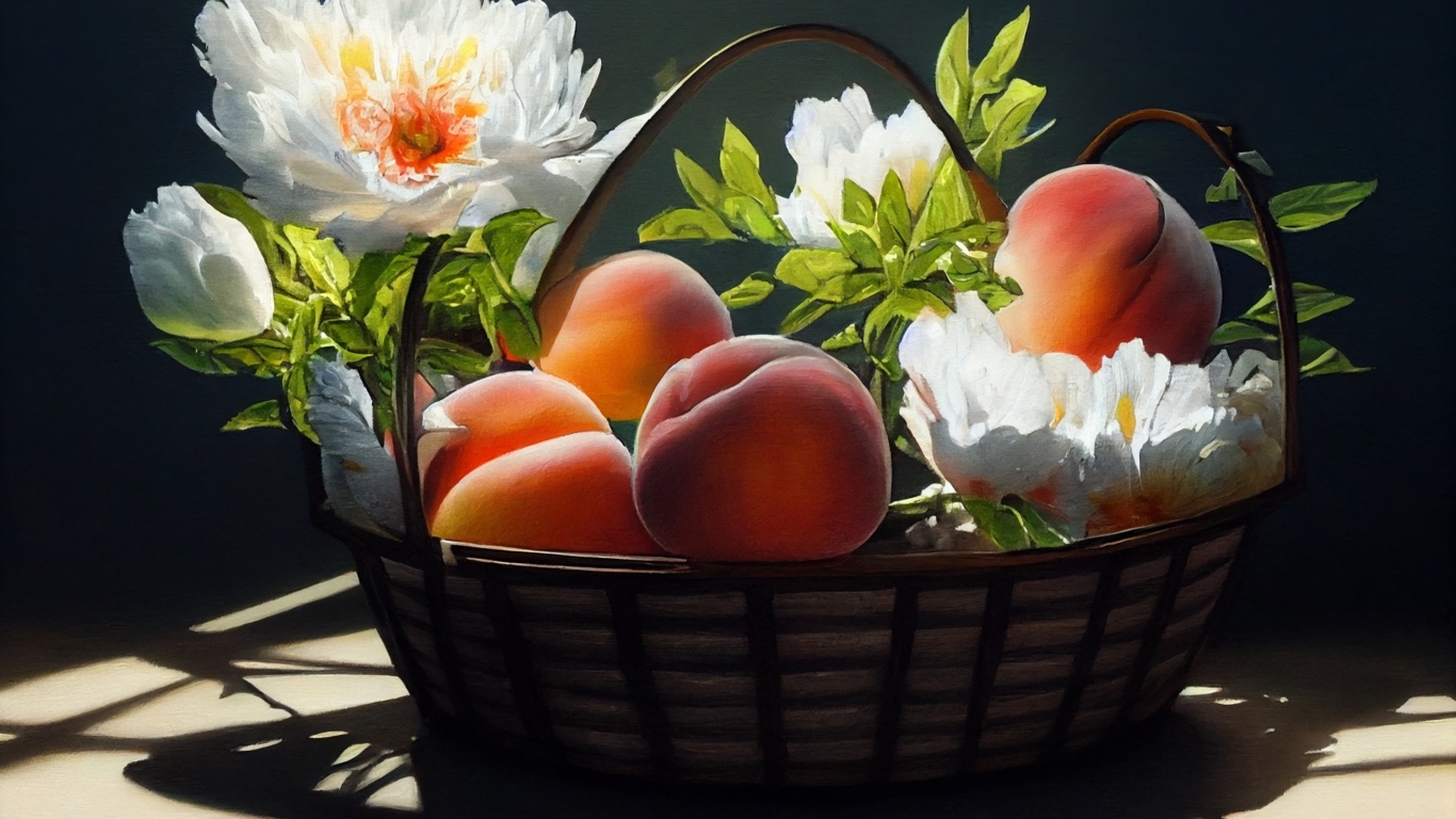 Спелые сладкие персики в корзине с цветами