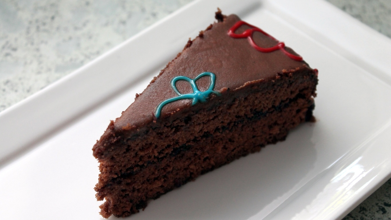 Кусок шоколадного торта на белой тарелке 