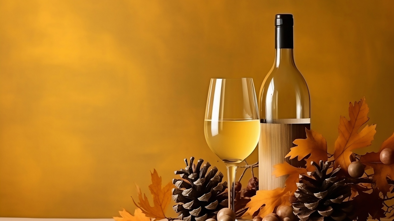 Бутылка вина и бокал на столе с шишками и желудями