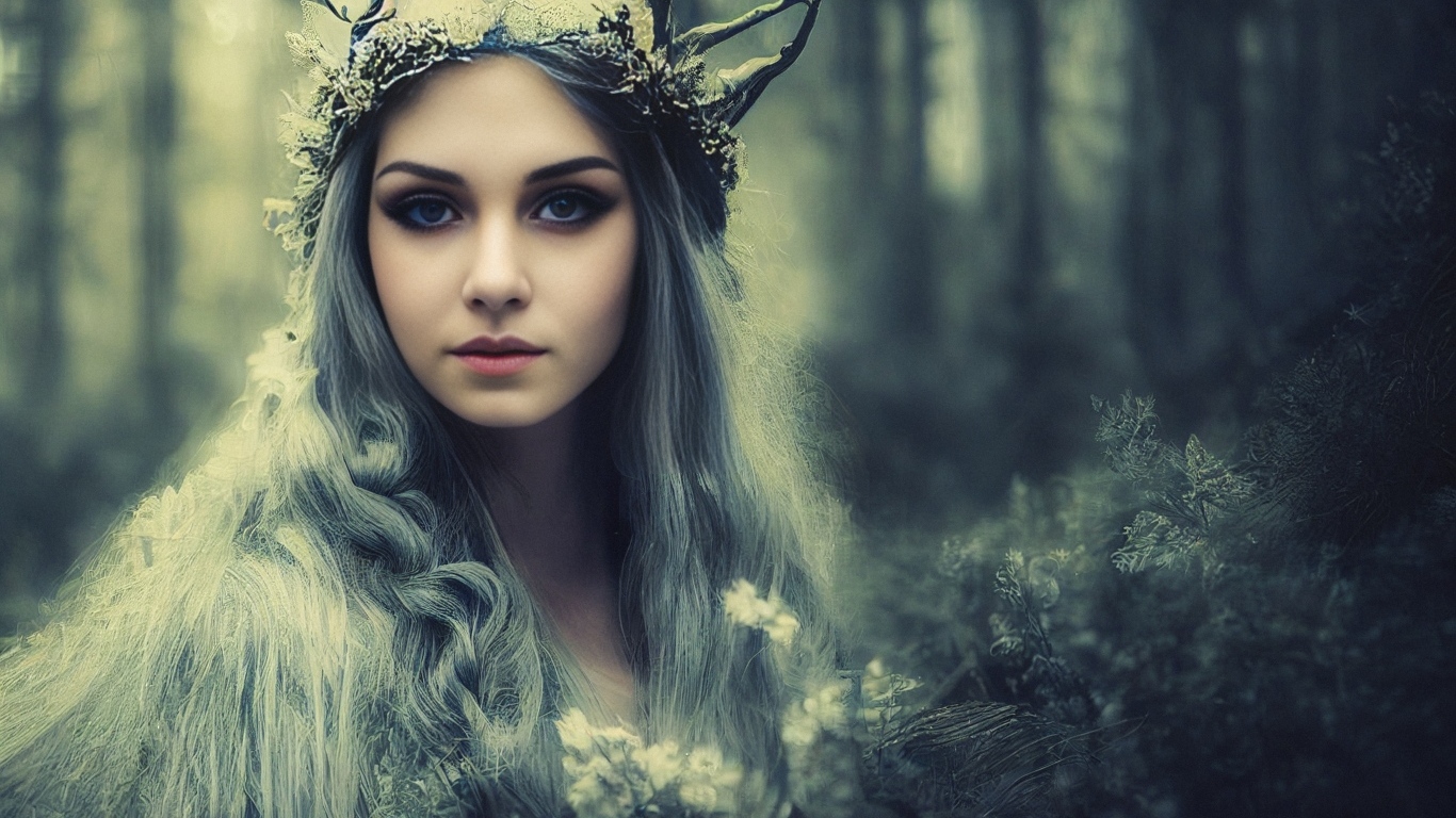 Девушка лесная фея с белыми волосами