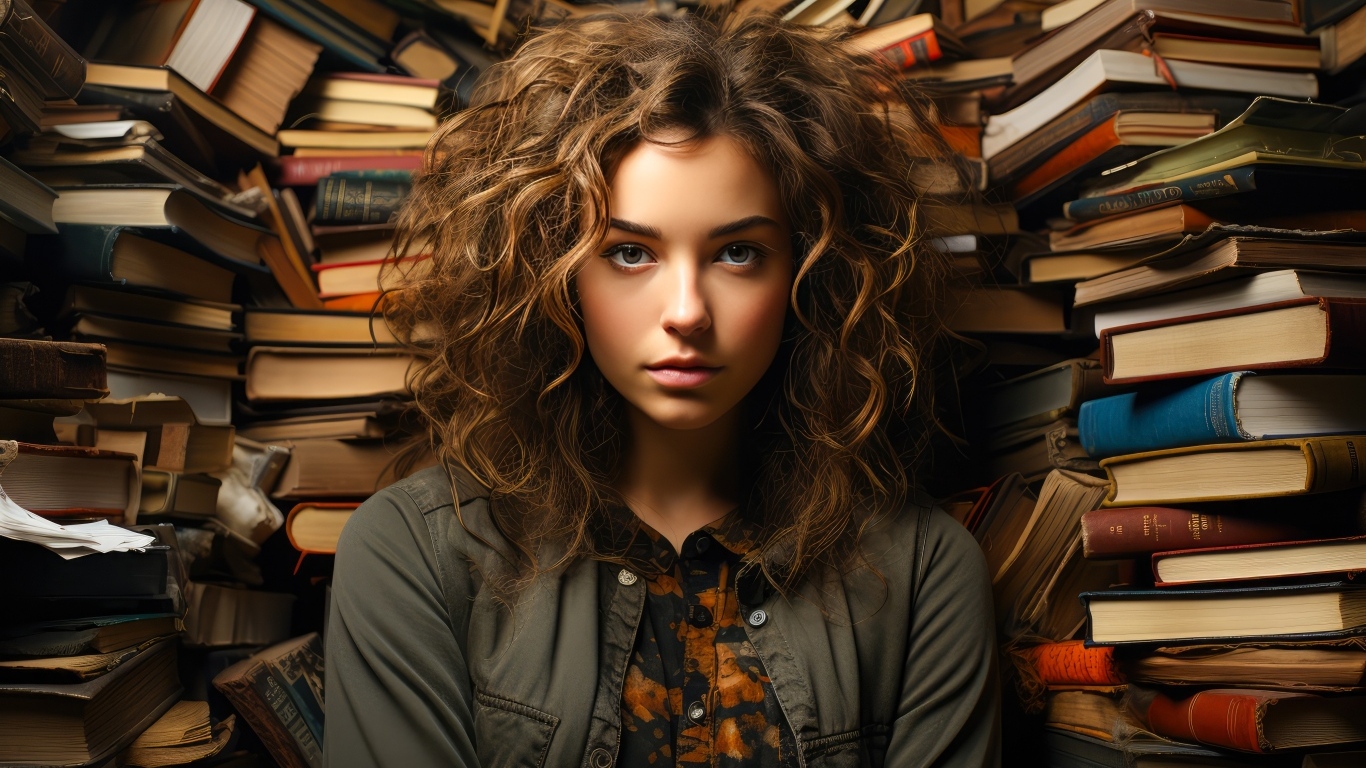 Красивая девушка с кудрявыми волосами на фоне книг
