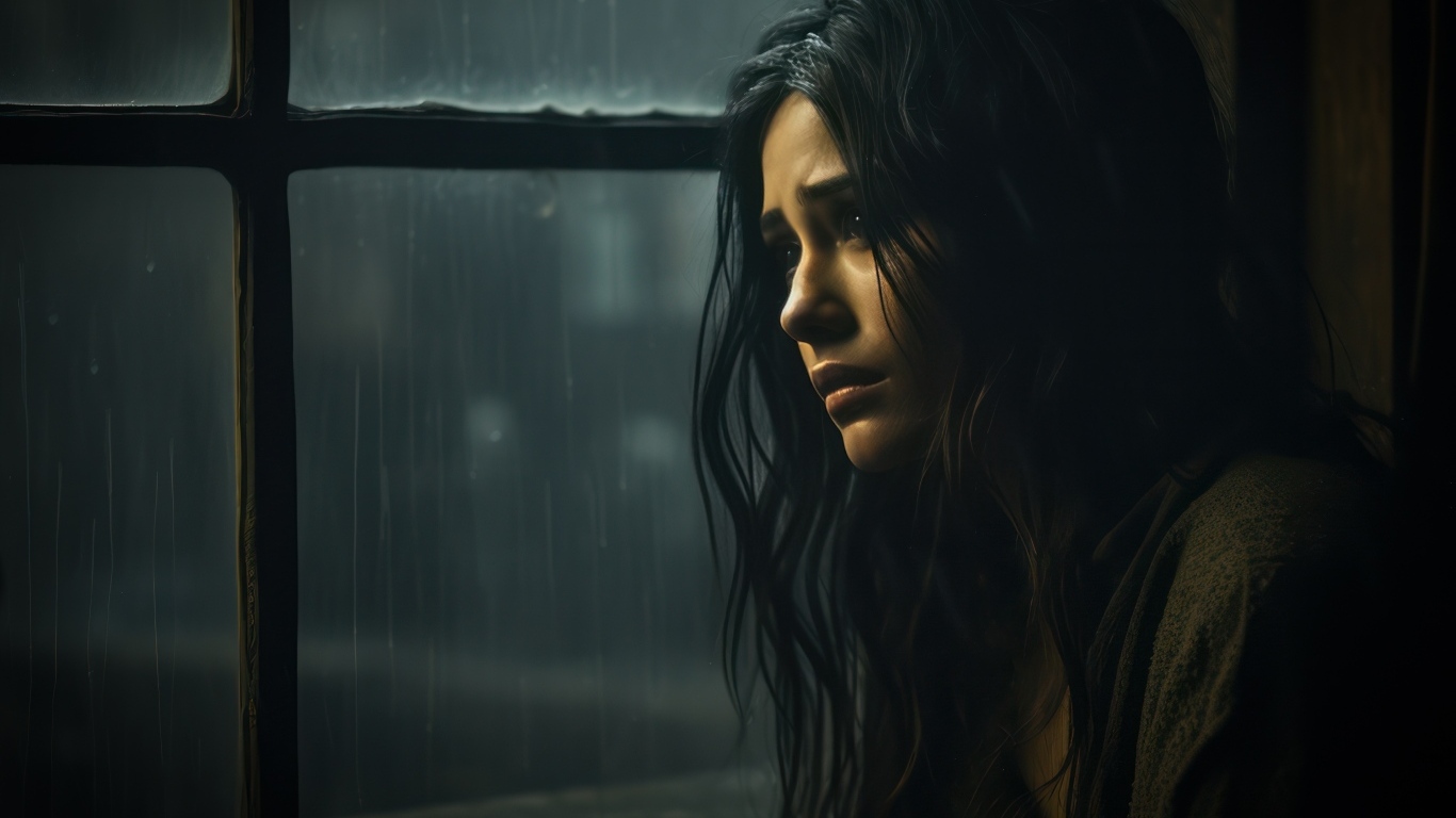 Грустная девушка сидит у окна 