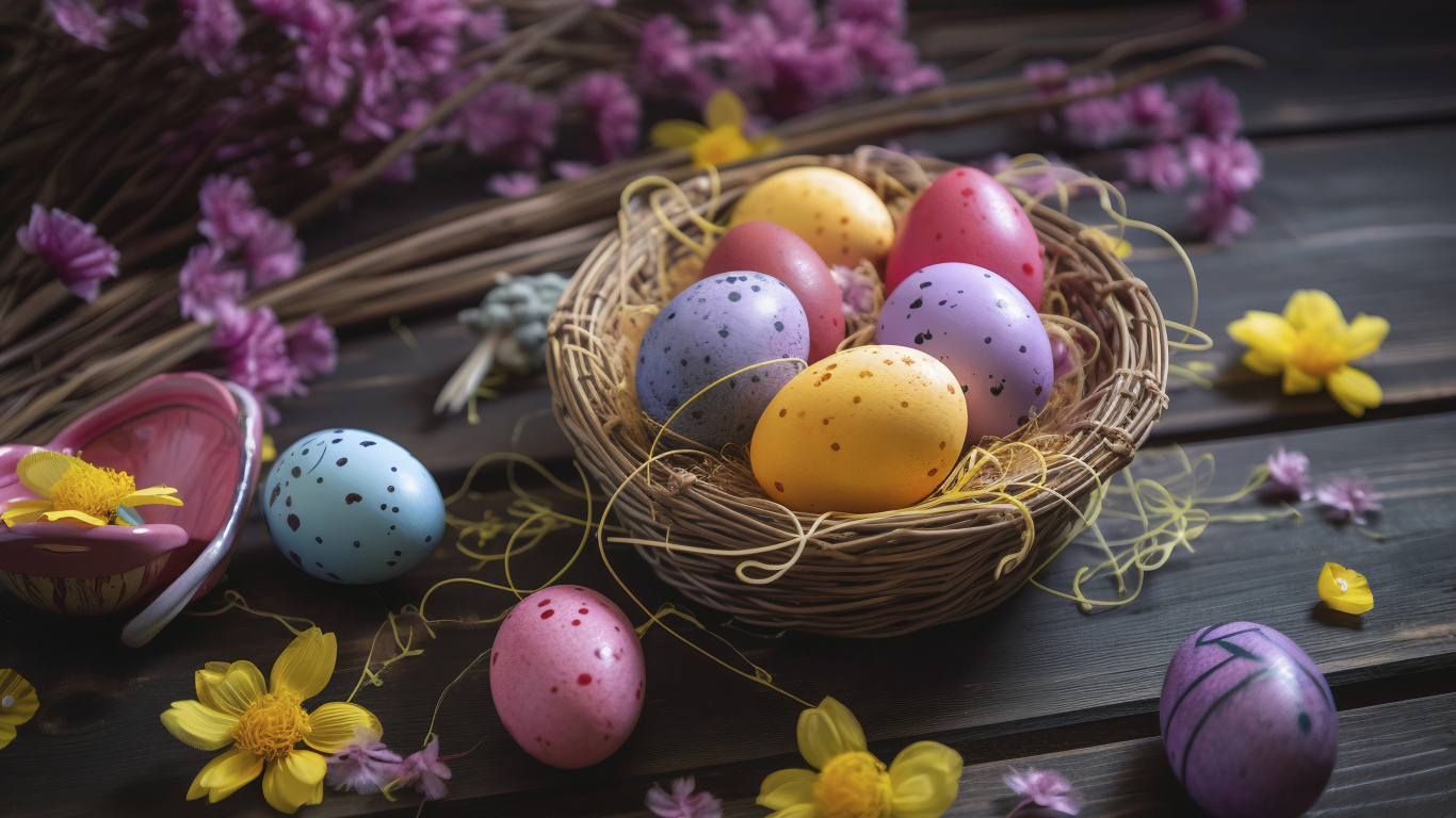 Разноцветные пасхальные яйца в гнезде с цветами