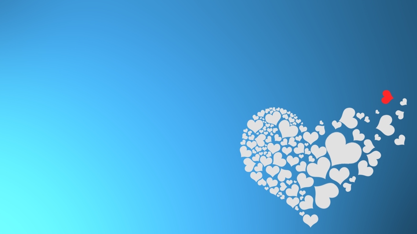 Маленькие белые сердечки рассыпаются на голубом фоне