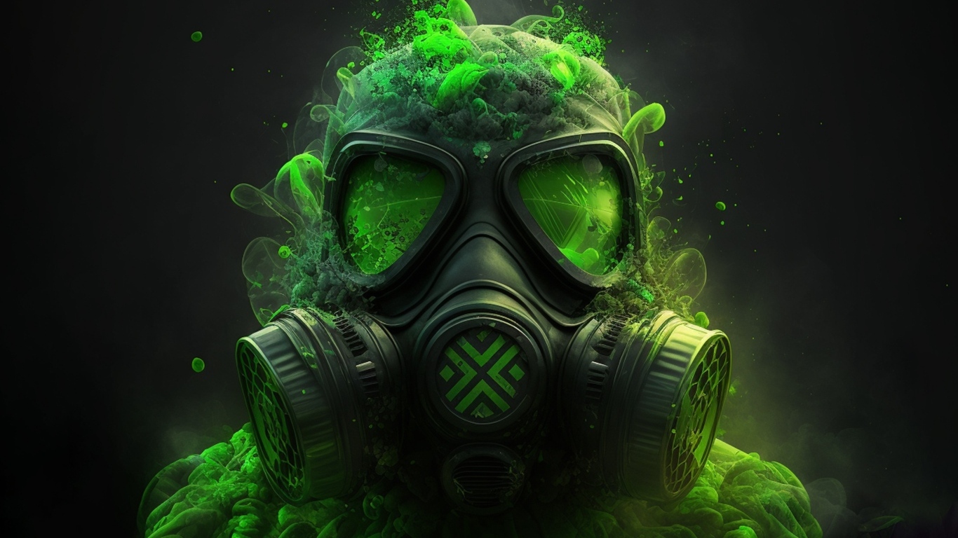 Мужчина в противогазе с зеленым ядовитым дымом