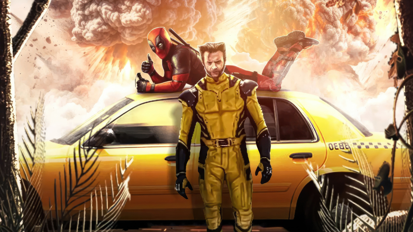 Супергерои Дэдпул и Росомаха с машиной такси
