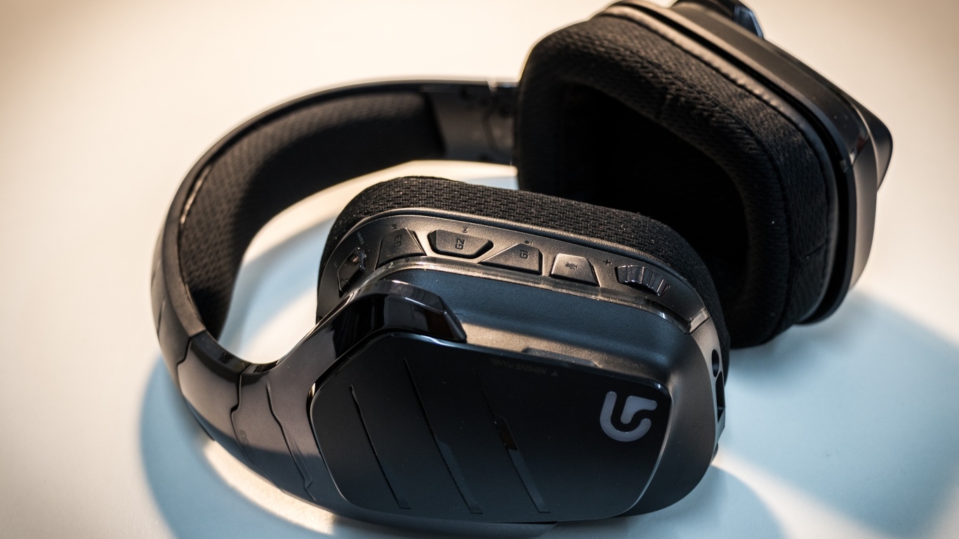 Big black headphones on a gray background