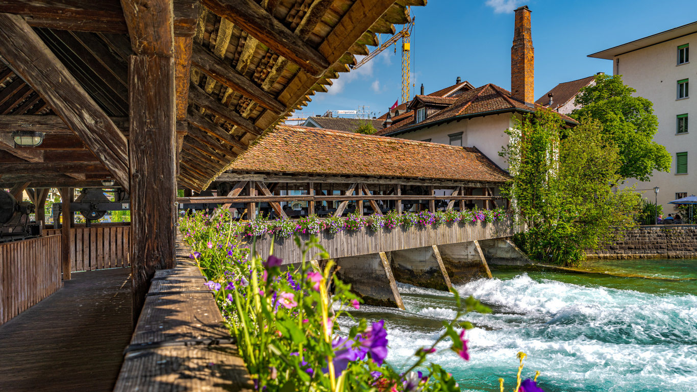 Красивый деревянный мост с цветами через реку