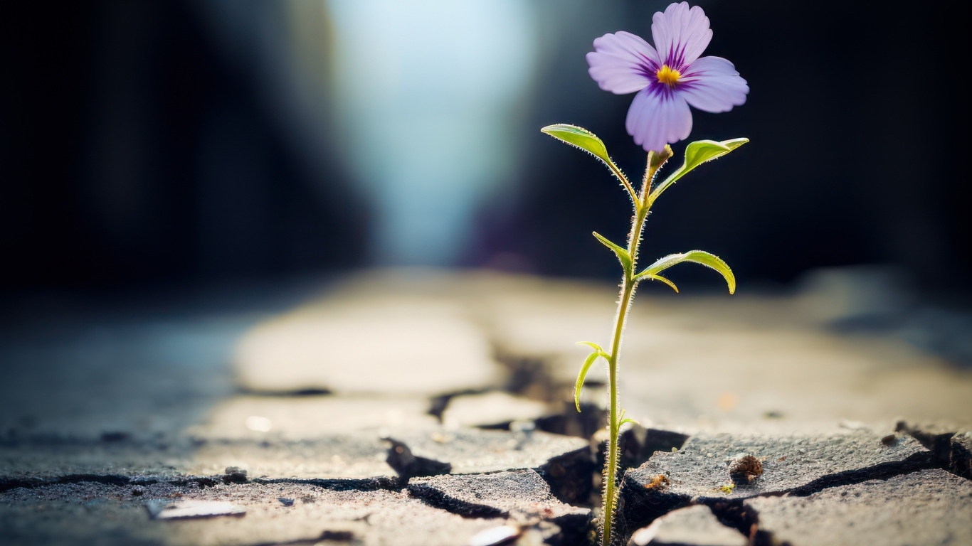 Маленький сиреневый цветок пробивается из сухой земли
