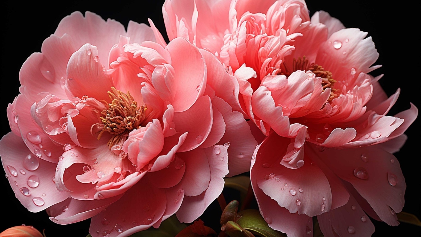Красивые розовые пионы в каплях воды