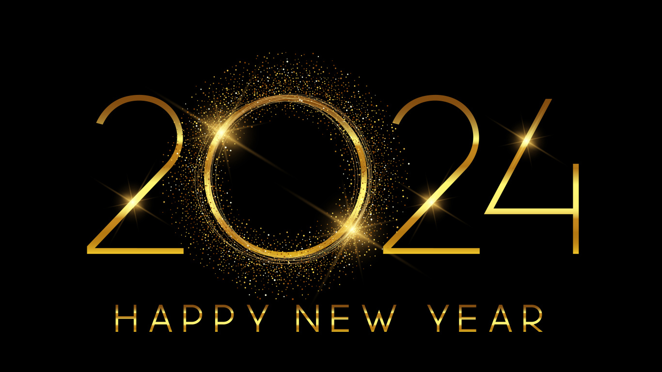 Яркая надпись с Новым годом 2024 на черном фоне