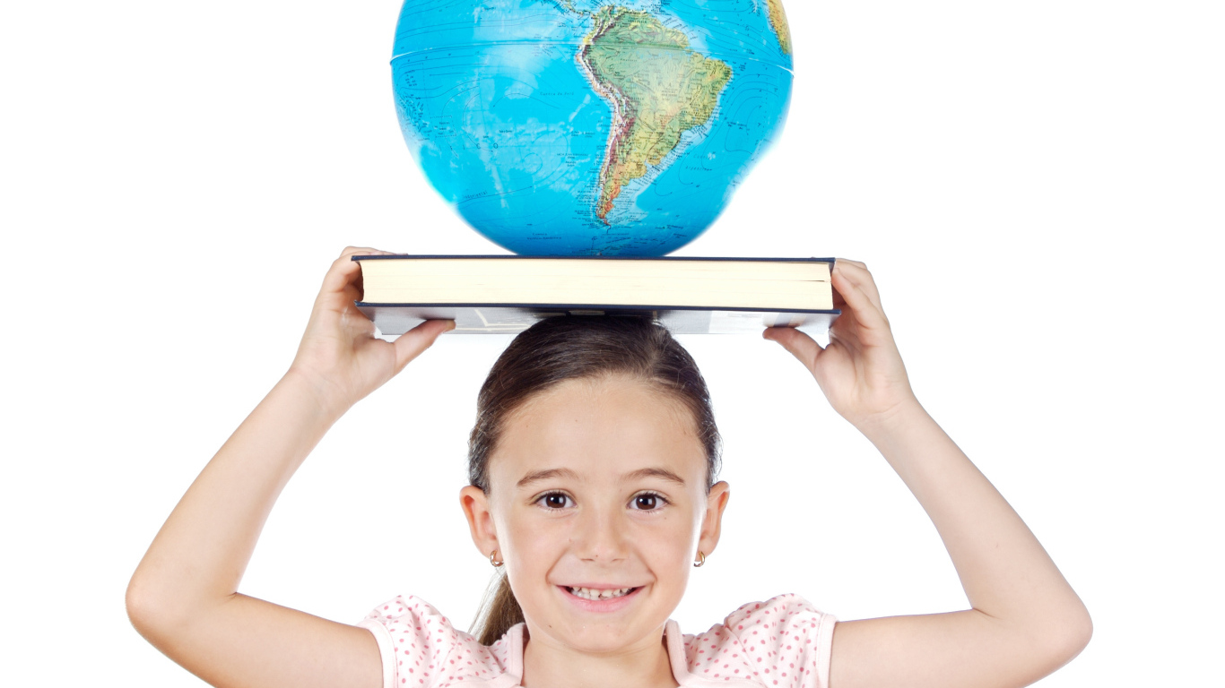 Girl with a book and a globe on her head