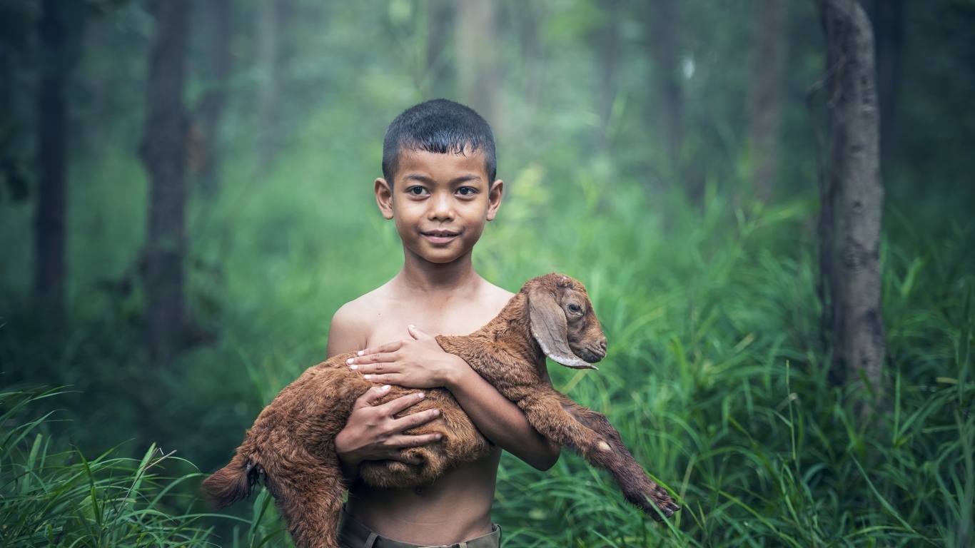 Маленький мальчик с ягненком на руках
