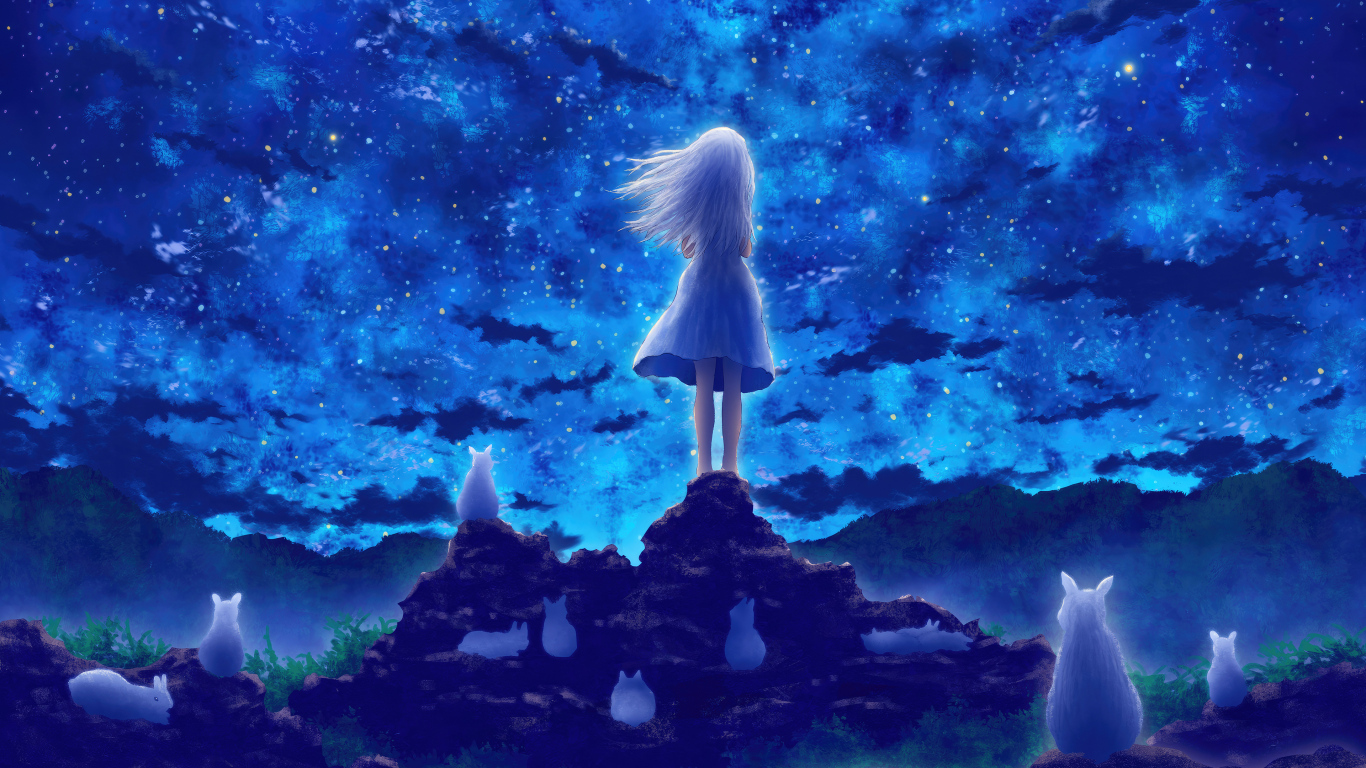 Маленькая девочка смотрит на небо, аниме