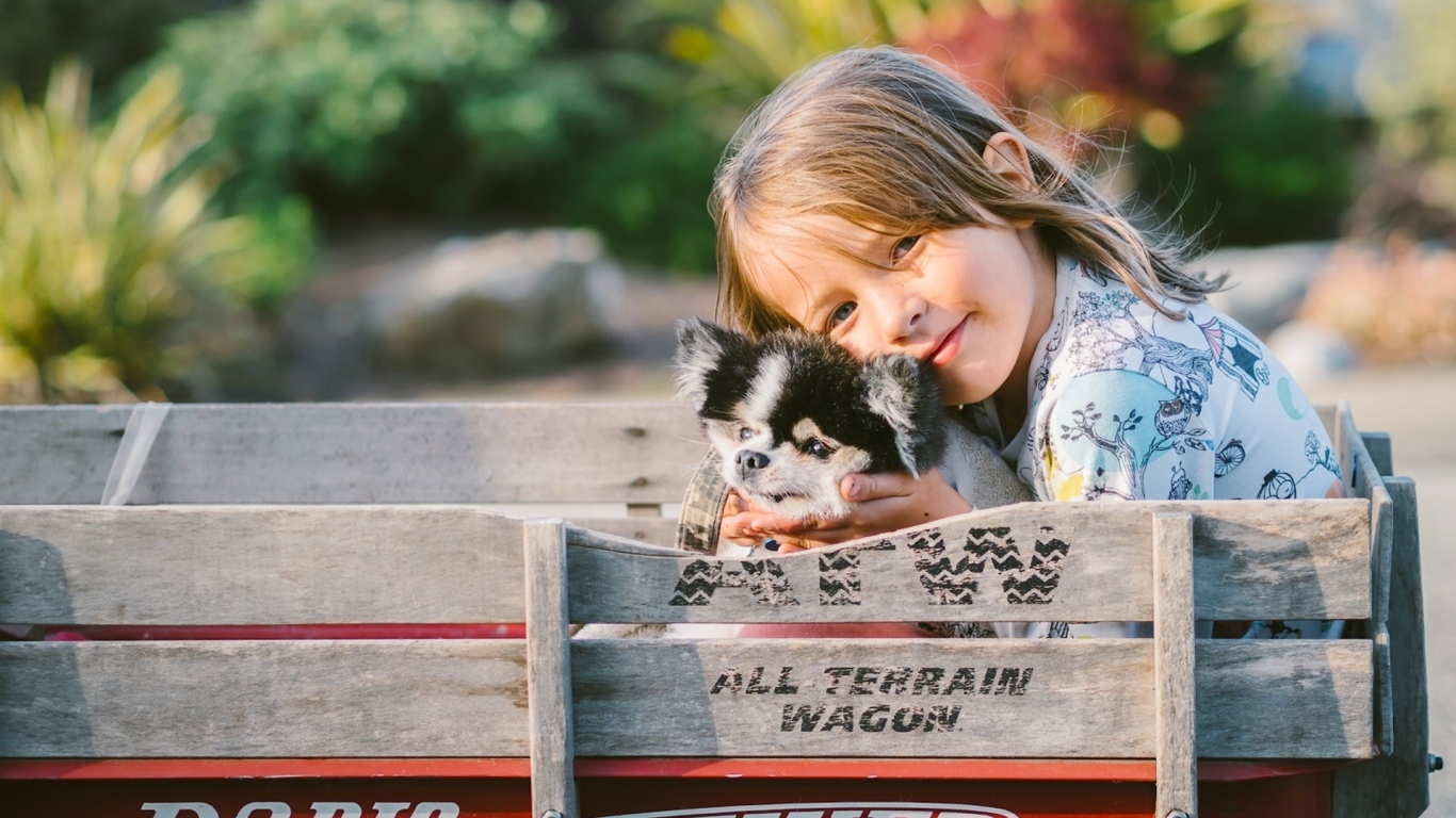 Маленькая девочка со щенком в тележке