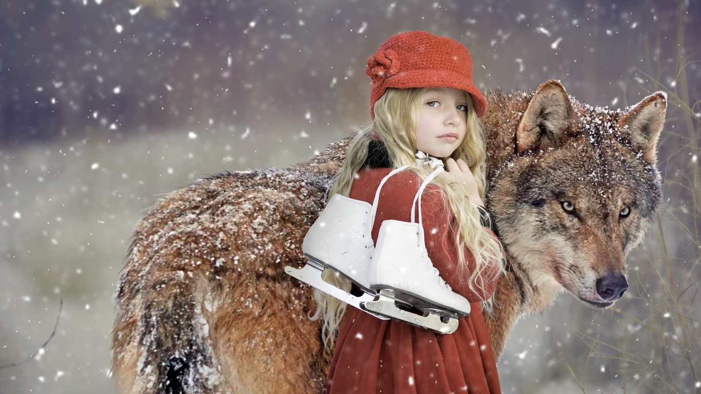 Маленькая девочка с волком зимой
