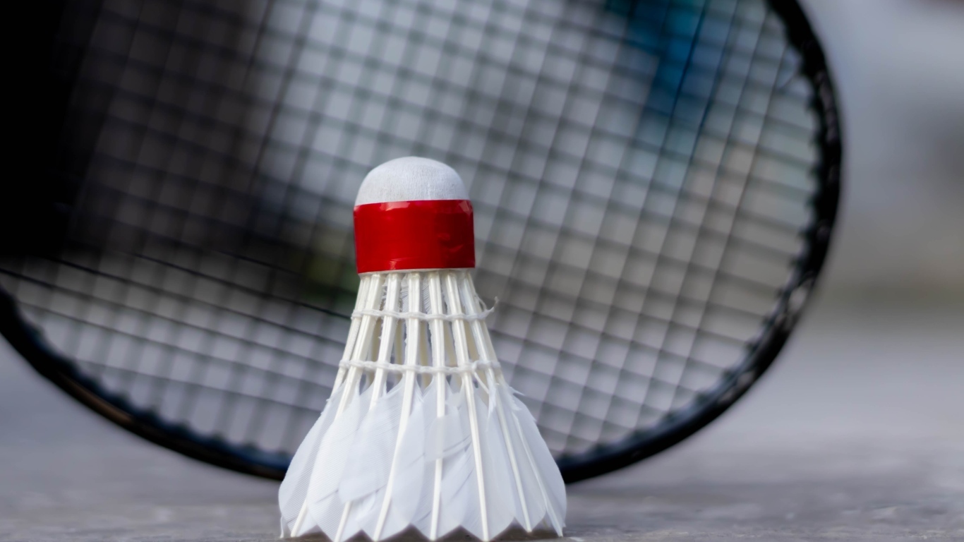 Белый воланчик и ракетка для игры в бадминтон