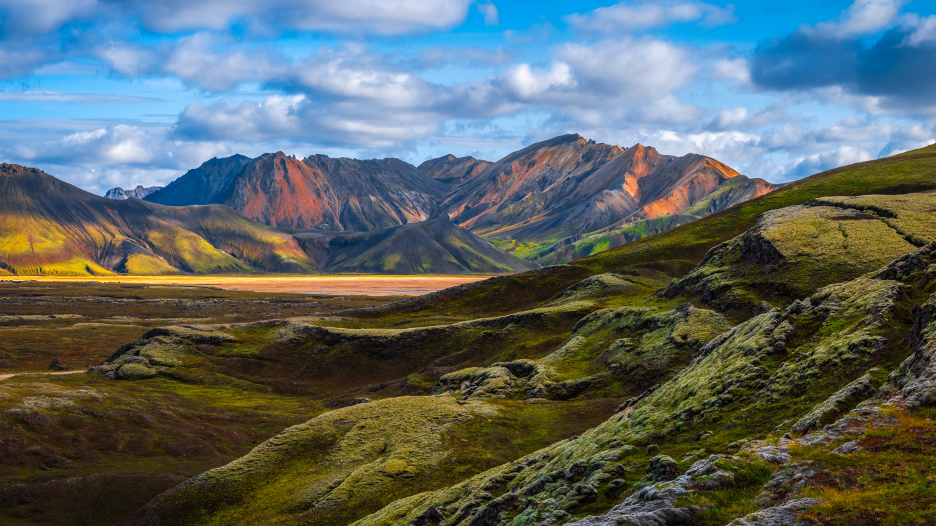 Красивый вид на покрытые зеленью горы Исландии
