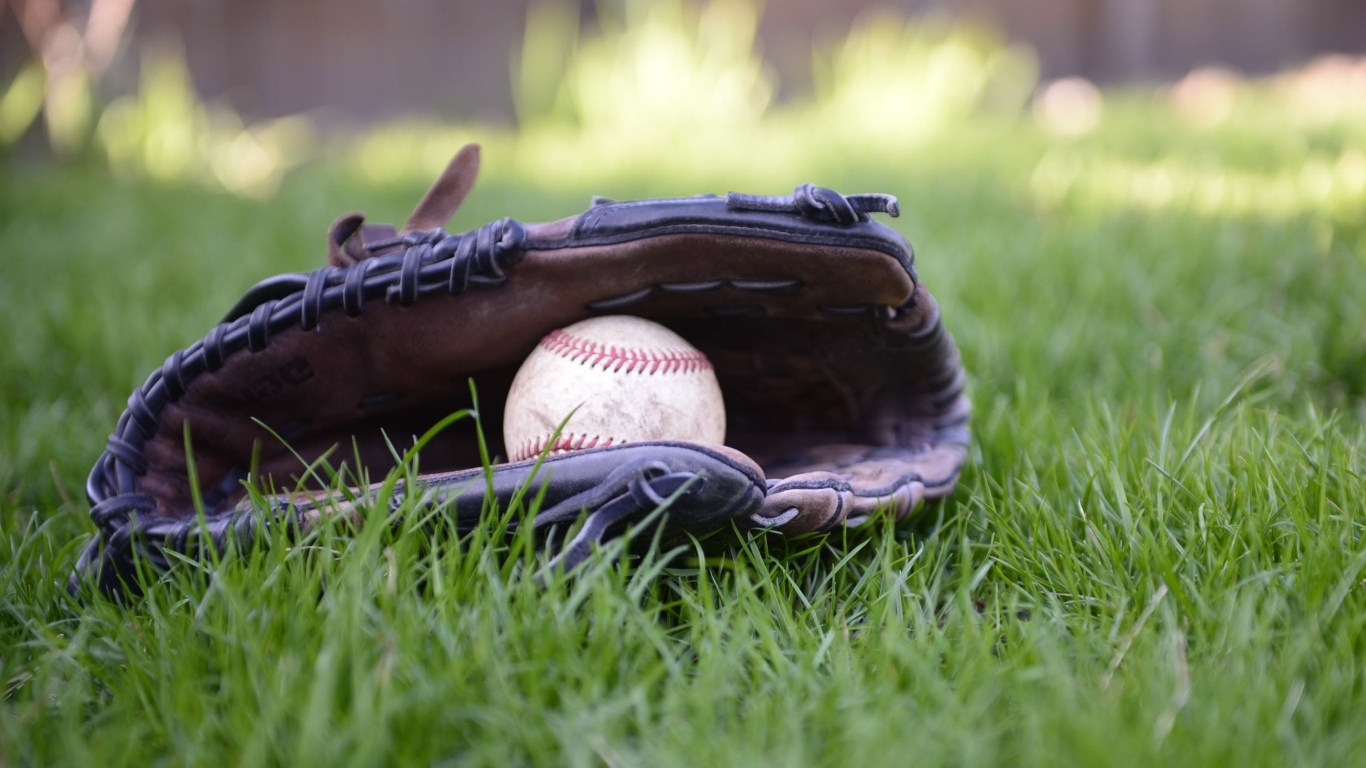 Бейсбольная перчатка и мяч на зеленой траве