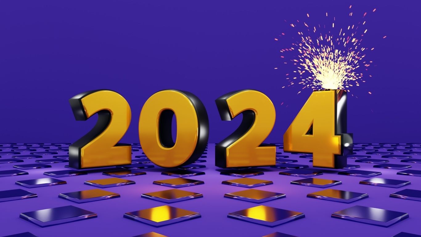 Яркие оранжевые цифры 2024 на фиолетовом фоне