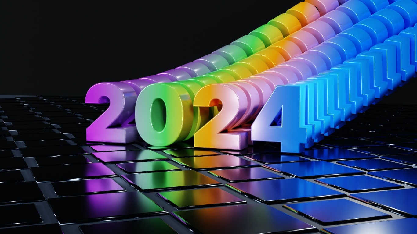 Разноцветные цифры 2024 на черном фоне с квадратами