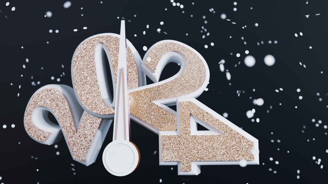 Блестящие цифры 2024 со стрелкой на черном фоне