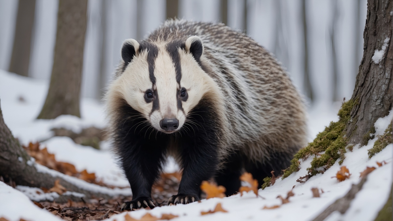 Большой барсук в заснеженном лесу