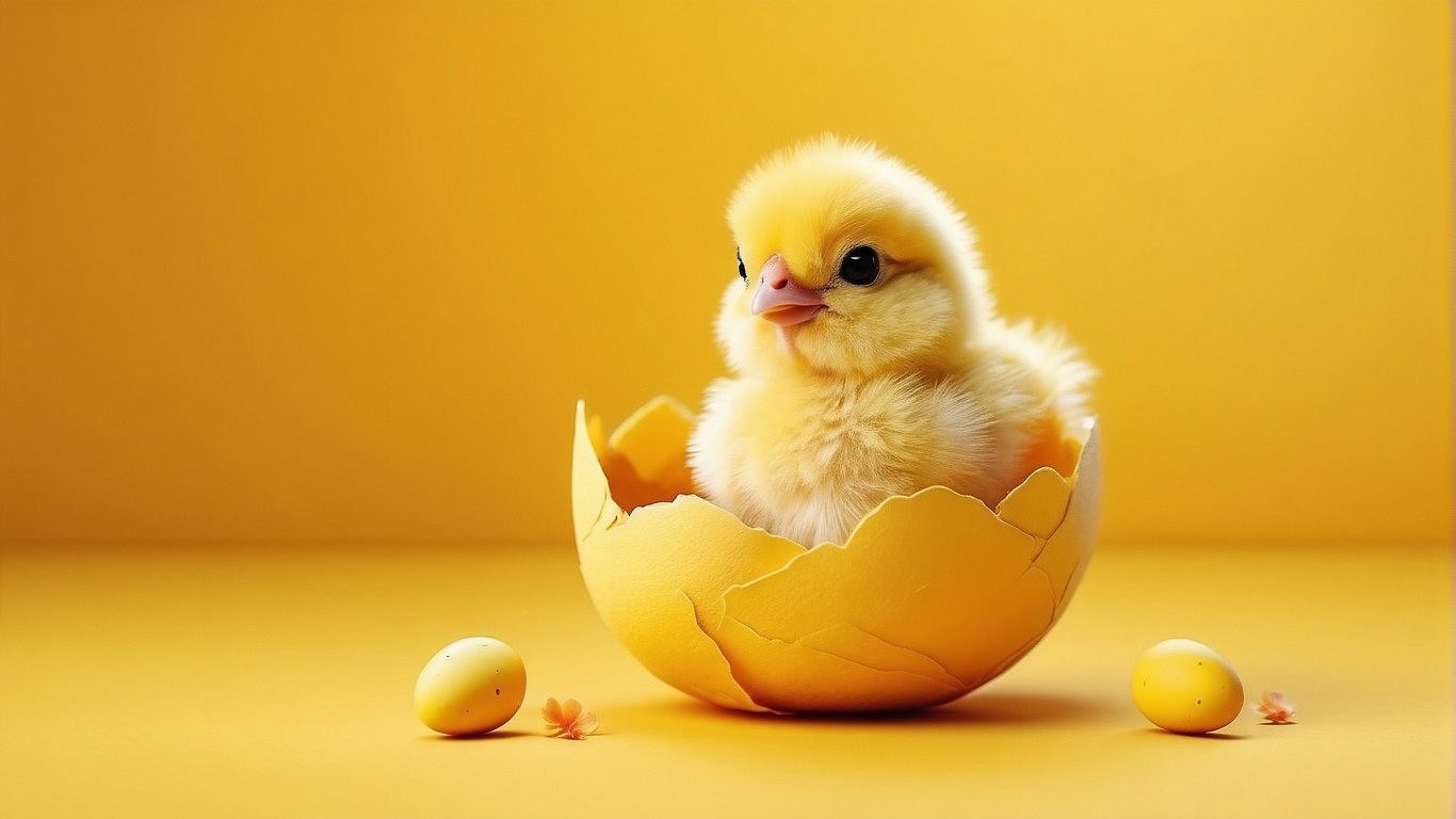 Маленький желтый цыпленок в скорлупе
