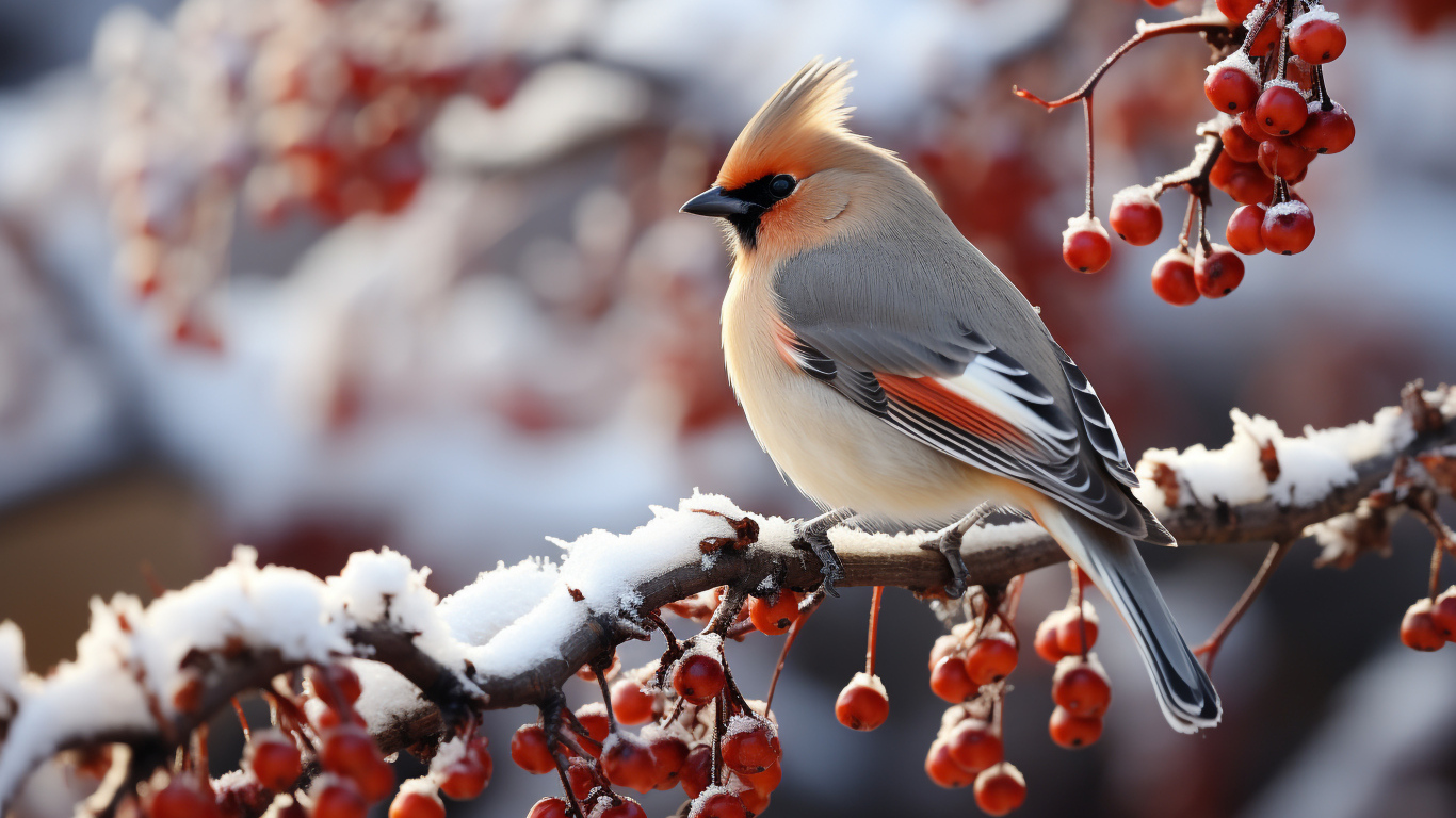 Птица свиристель на ветке с красными ягодами