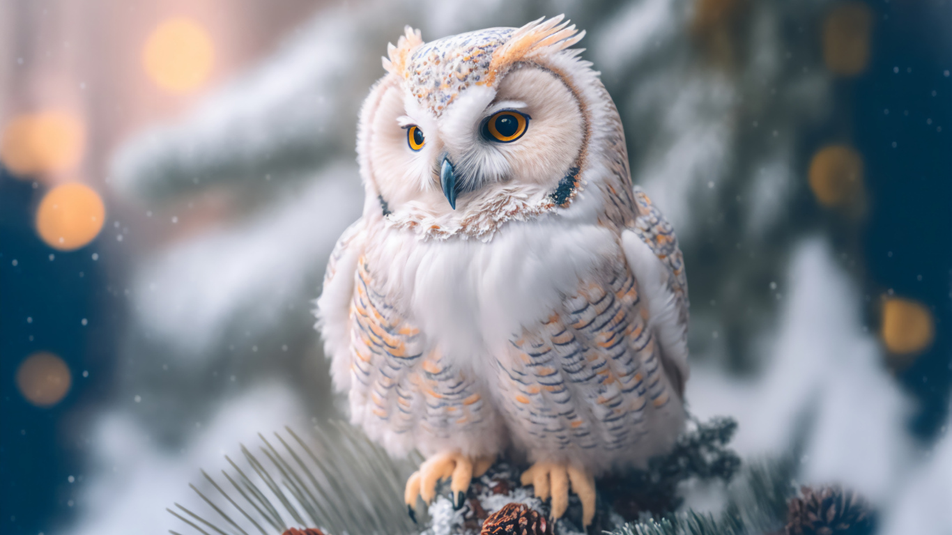 Белая сова сидит на заснеженной еловой ветке