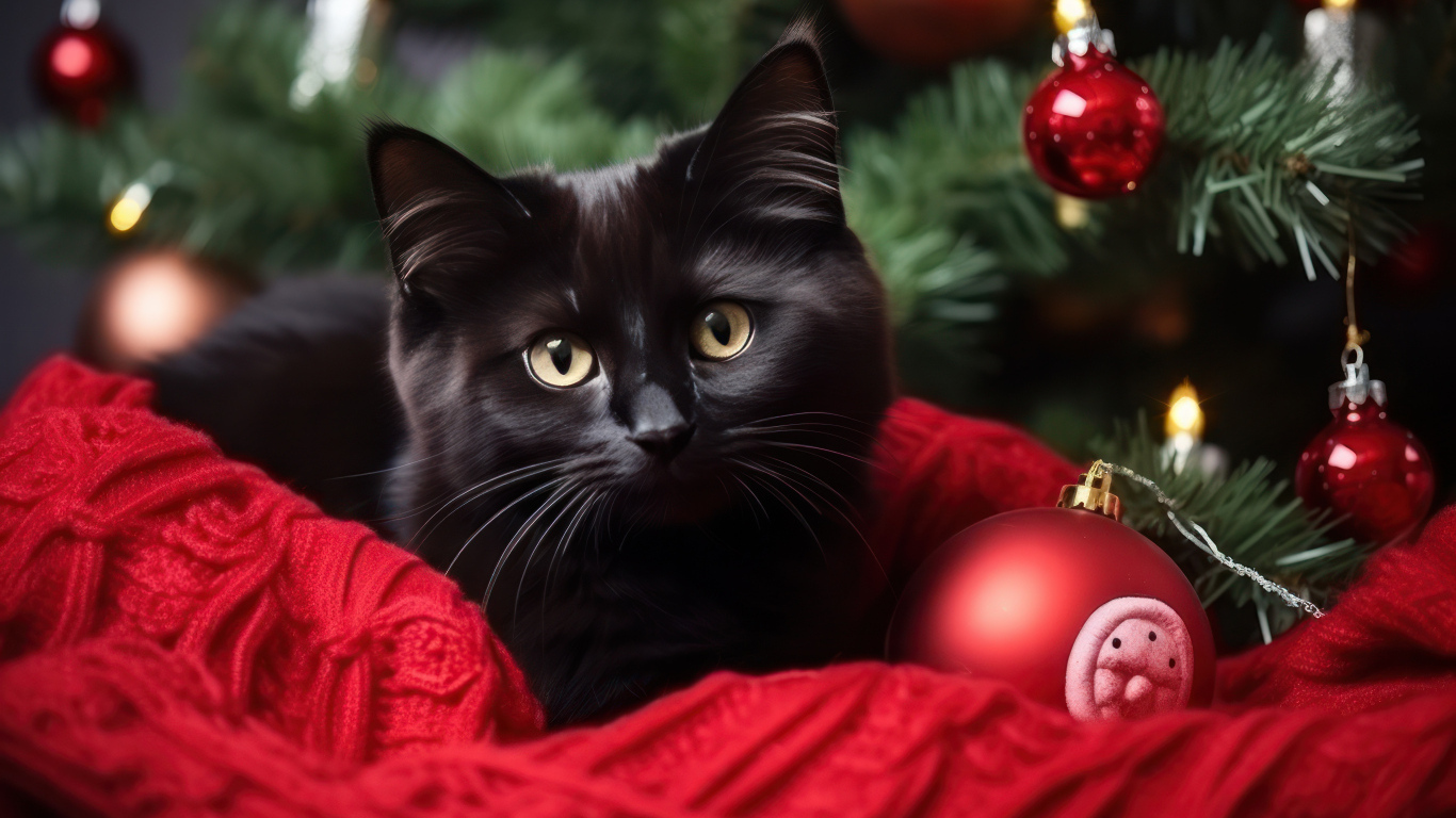 Черный кот с игрушками у новогодней ели