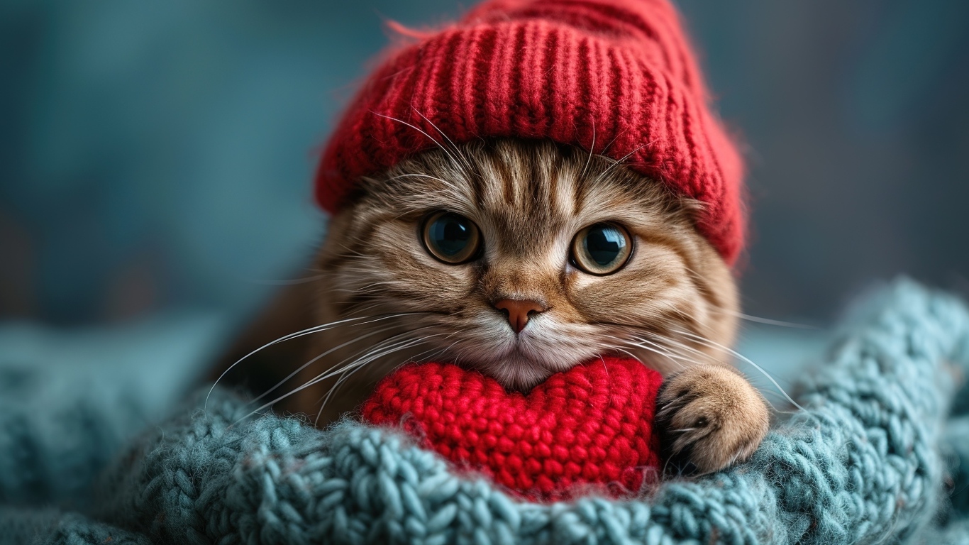 Рыжий кот в красной вязаной шапке с сердечком в лапах