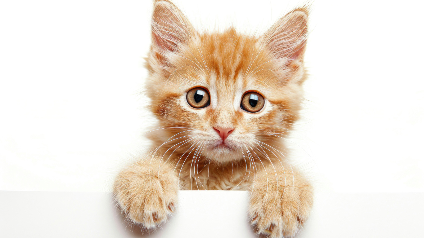Маленький рыжий котенок на белом фоне
