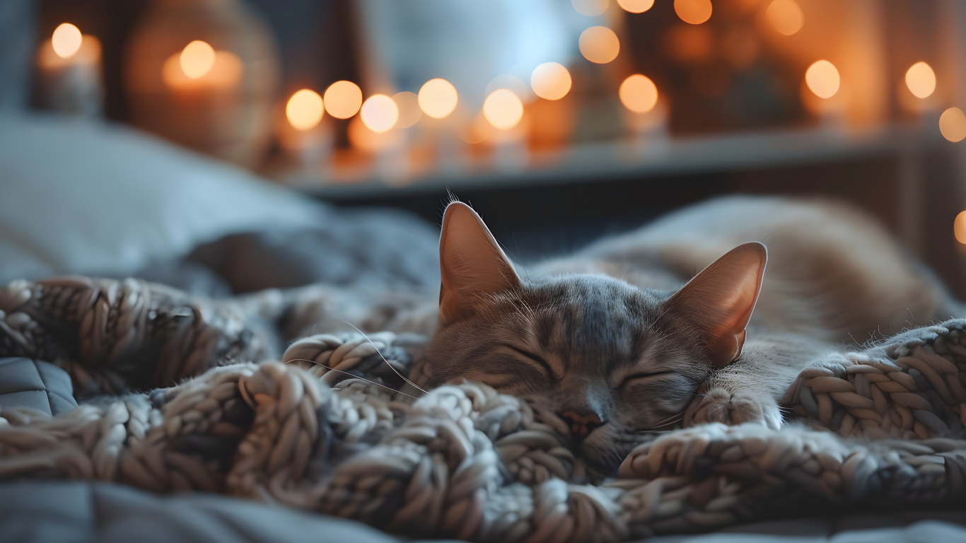 Довольный кот спит на кровати в квартире