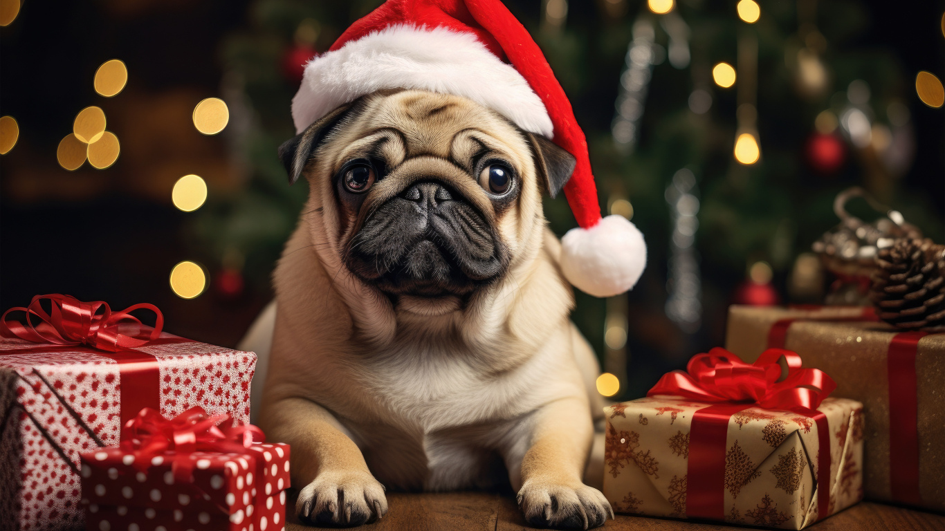 Мопс с подарками под новогодней елкой