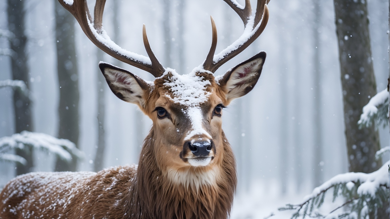 Большой олень в зимнем заснеженном лесу