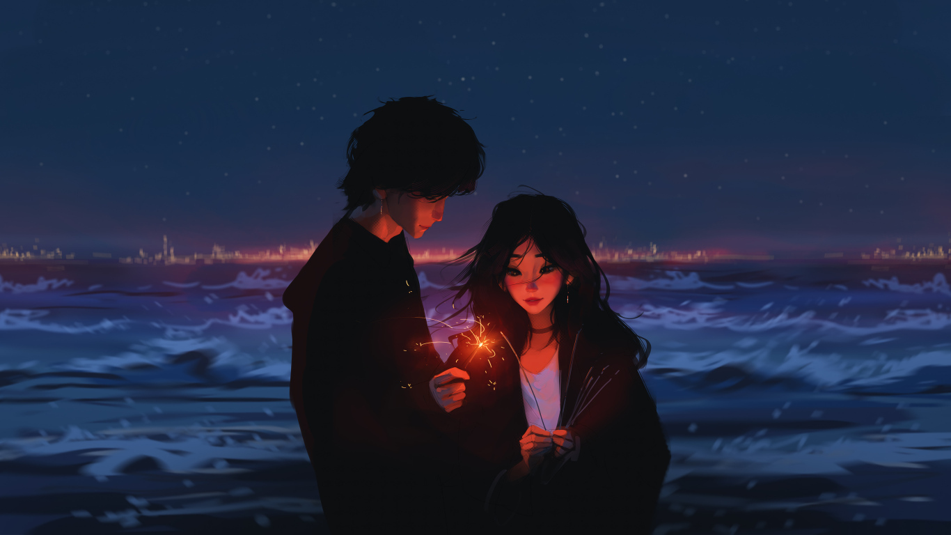 Пара аниме с бенгальскими огнями у воды