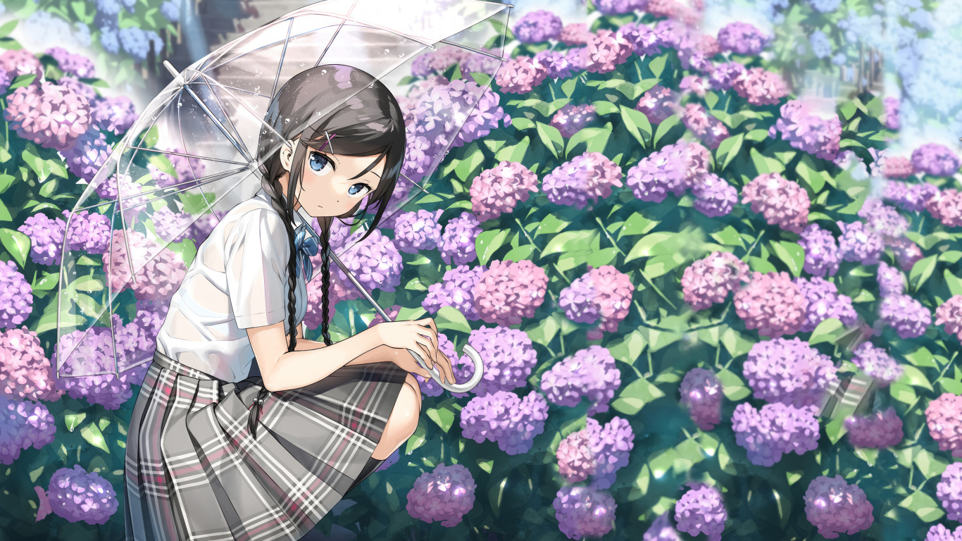 Милая девушка аниме с зонтом у кустов с цветами
